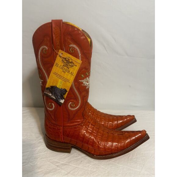 El general Cowboy Boots Exotic Leather Orange Genuine Croc Tail Men’s Sz 7 - Picture 3 of 6
